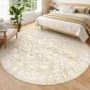 Soalmost Washable Round Rug 8ft for Living Room, Soft Ultra-Thin Non-Slip Vintage Floral Circle Area Rug, 8x8 Round Throw Carpet for Dining Room Nursery Bedroom Kitchen (Beige, 8'Round)