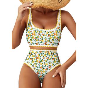 Herseas Women's Bikini Sets Floral Print Whip Stitch 2 Piece Swimsuits High Waisted Scoop Bathing Suits (Lemon)