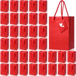 Sherr 50 Pcs Red Gift Bags with Handles Tags 5.3 x 3.7 x 8.1 Inches Small Glossy Paper Bags Bulk Wedding Birthday Baby Shower Party Favor Gifts