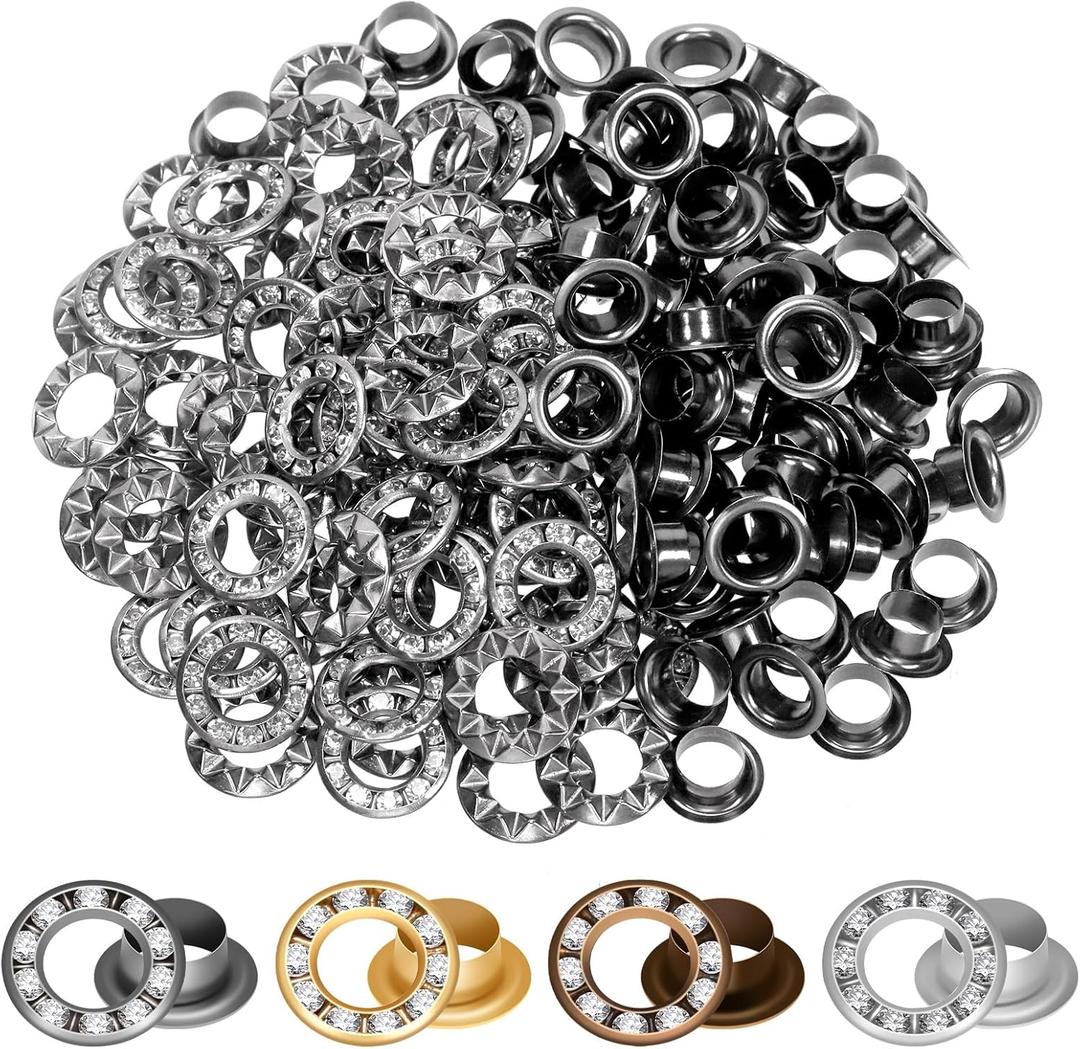 100 Sets 1/4 Rhinestone Eyelet Grommet Kit, Rhinestone Metal Grommet Rhinestone Eyelet Fittings Eyelet Grommets Kit with Washer, Hole Punch for Clothing Shoe DIY Crafts (Black)