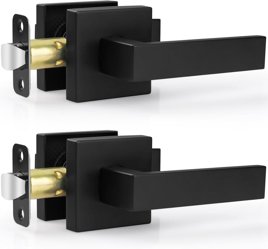 Estmoon 2 Pack Passage Door Levers, Matte Black Door Knobs Interior Square Door Handles, Heavy Duty Non-Locking Leversets Hall Closet Handles, Reversible for Right & Left Sided Doors