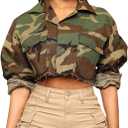 Camo Jacket for Women Cropped Denim Bomber Jacket army fatigue Camouflage Jacket Long Sleeve Button Down Camo Coat (Medium)