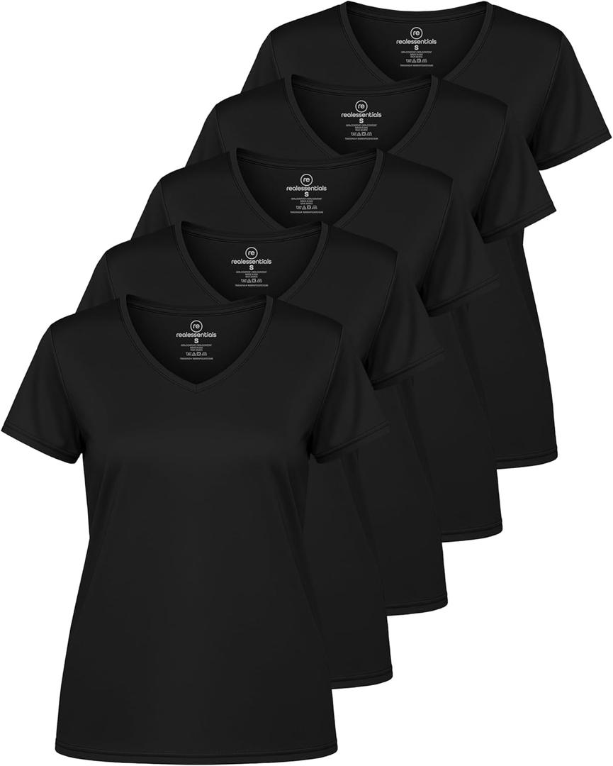 Real Essentials 5 Pack: Women's Dry-Fit Short Sleeve V Neck T Shirt Workout Fitness Yoga Top Tee (Large)