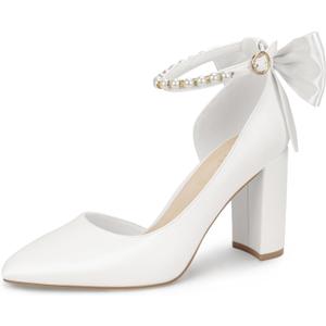 Women's Closed Toe Pumps 3-Inch Chunky Heels Pumps Ankle Strap Dress Wedding Shoes (7.5)