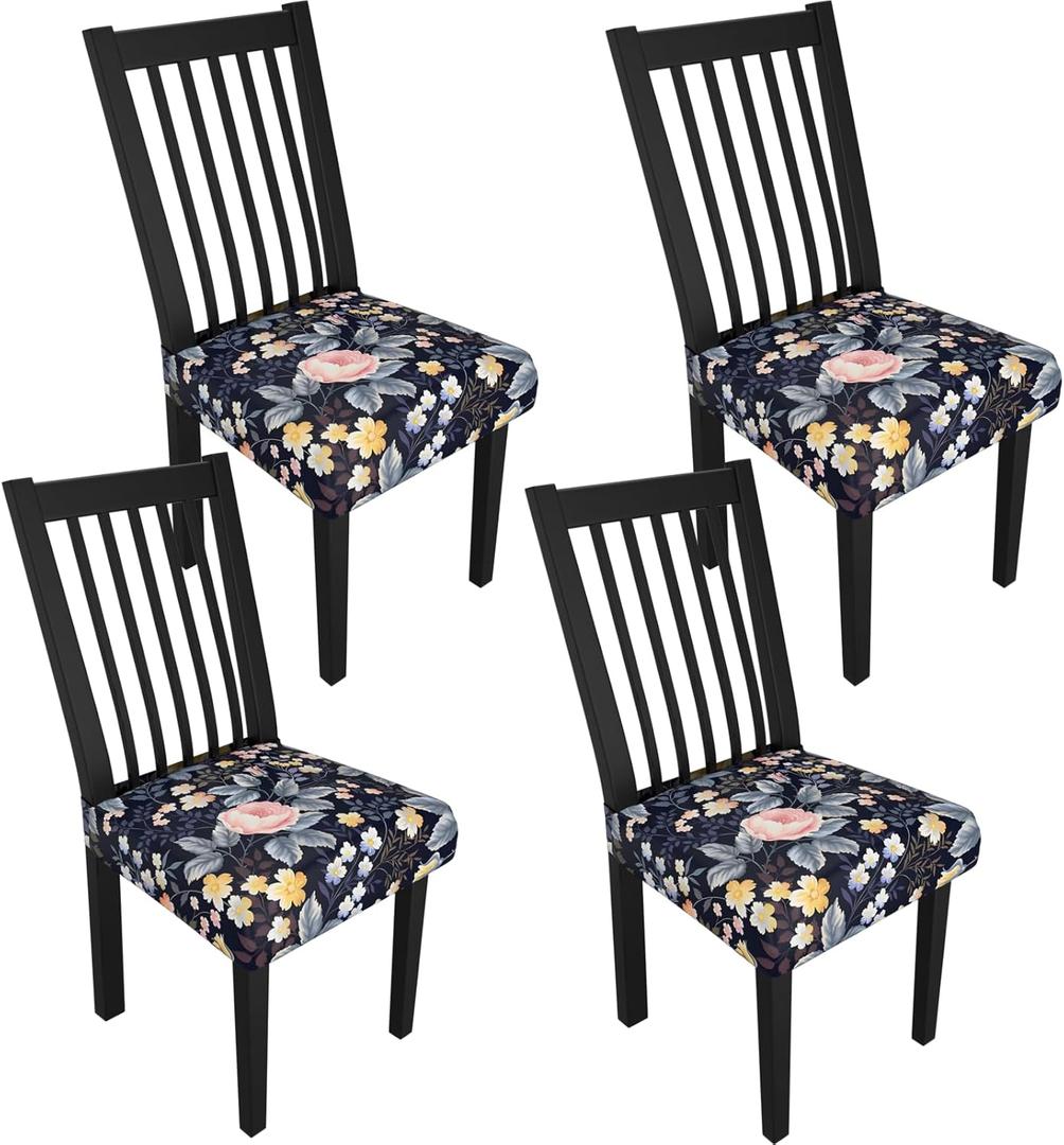 Stretch Dining Chair Seat Covers Set of 4,Dining Chair Slipcovers, Floral Printed Chair Covers,Soft Fabric Washable Upholstered Chair Seat Protector, No Rear Covers for Home Kitchen Dining Room (A-vintage Yellow Roses)