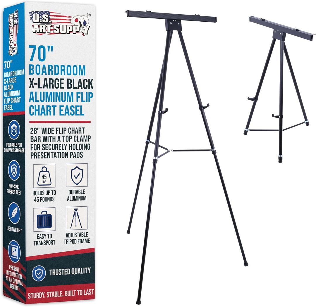U.S. Art Supply 70" High Boardroom XL Black Aluminum Flip Chart Easel