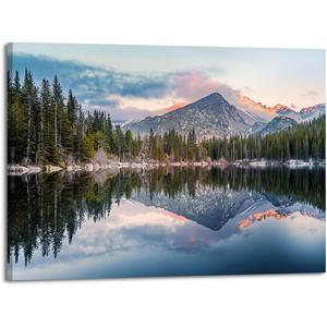 Mountain Lake Canvas Wall Art: Woodland Picture Landscape Painting Nature Forest Scenery Reflection Artwork Rustic Pine Tree Scenic Print Wilderness Photography for Bedroom Living Room Home Office (24"L x 16"W)