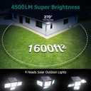 4500LM Solar Lights Outdoor, 4 Adjustable Heads Motion Sensor Lights, 3 Modes, 6500K, IP65 Waterproof Solar Security Wall Lights, Remote Control Flood Lights, Garden, Outside, Backyard, 2 Pack
