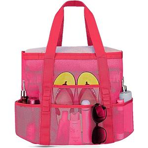 Mesh Beach Bags for Women,Plus Waterproof Sandproof Tote Bag Large Bag with Zipper Beach Bags (Pink,Pack of 2)