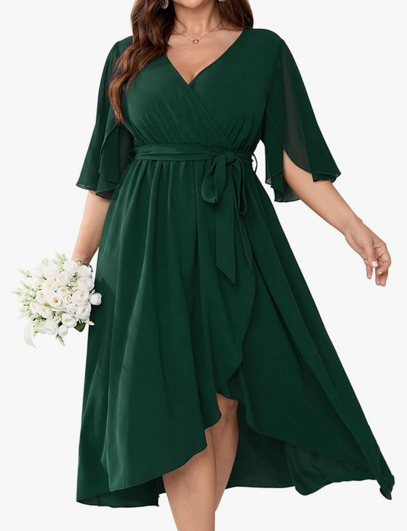 Plus Size Formal Wedding Guest Cocktail Dress for Curvy Women Flutter Sleeve Faux Wrap V Neck Midi Dresses, Size 3XL
