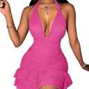 SOLY HUX Women's Summer Halter Bodycon Mini Dress Sexy Deep V Ruffle Party Cocktail Cami Dresses (Hot Pink, XL)