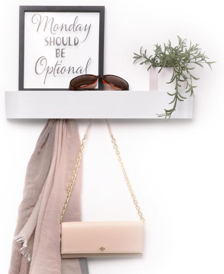 xympo Modern Wall-Mounted Coat Rack with Shelf  Heavy-Duty Steel, 5 Sturdy Hooks, Powder-Coated Finish, Space-Saving Entryway Organizer with Mounting Hardware  Sleek & Minimalist Design (White)