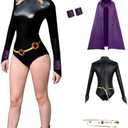 Tokisaki Women's Purple Cosplay Costume Jumpsuit Hooded Cape Cloak with Red Gem Belt Halloween Bodysuit XXL