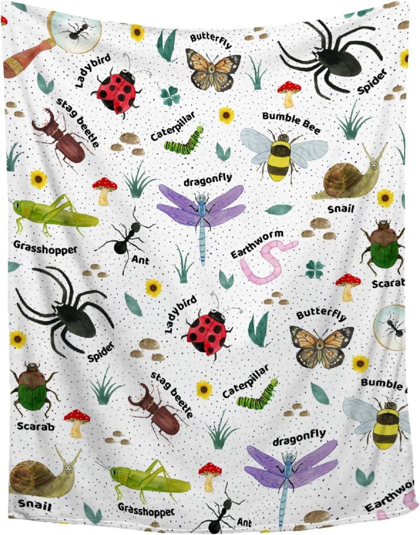 Bugs Insects Blanket | Bugs Blanket Gift for Boys Girls | Plush Cozy Beetle Decor Throw for Sofa, Couch, Bedroom | Nature Animal Decor Gifts for All Seasons | 40"x50"-Kids/Throw Size