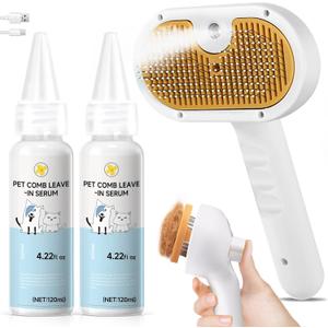 Pet Steam Brush for Dog & Cat  3-in-1 Spray Hair Removal Comb for Shedding & Grooming, Softens Fur & Reduces Static  Water Brush for Long & Short Coats, Bath-Hating Pets, Includes 2*Shampoo