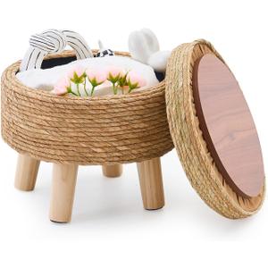 Cpintltr Storage Ottoman Poufs Handwoven Footstool Natural Seagrass Round Footrest Stool with 4 Wood Legs Soft Padded Outdoor Seat for Hallway Lounge Bedroom Garden