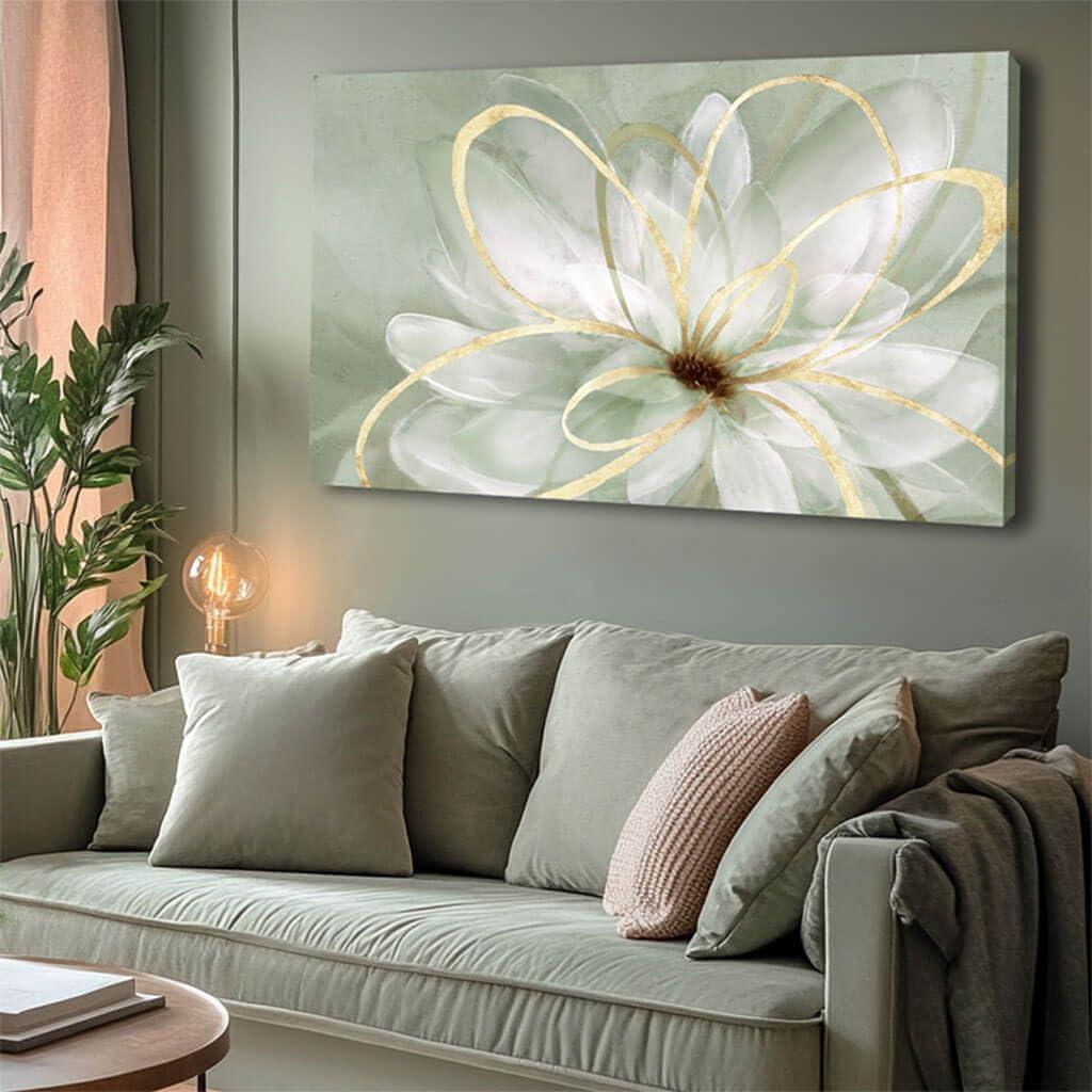 Artexist Flower Wall Decor White Blossom Plant Gold Line Canvas Painting Modern Hand Painted Wall Art for Living Room Bedroom Office 29x58 Inch (Green)