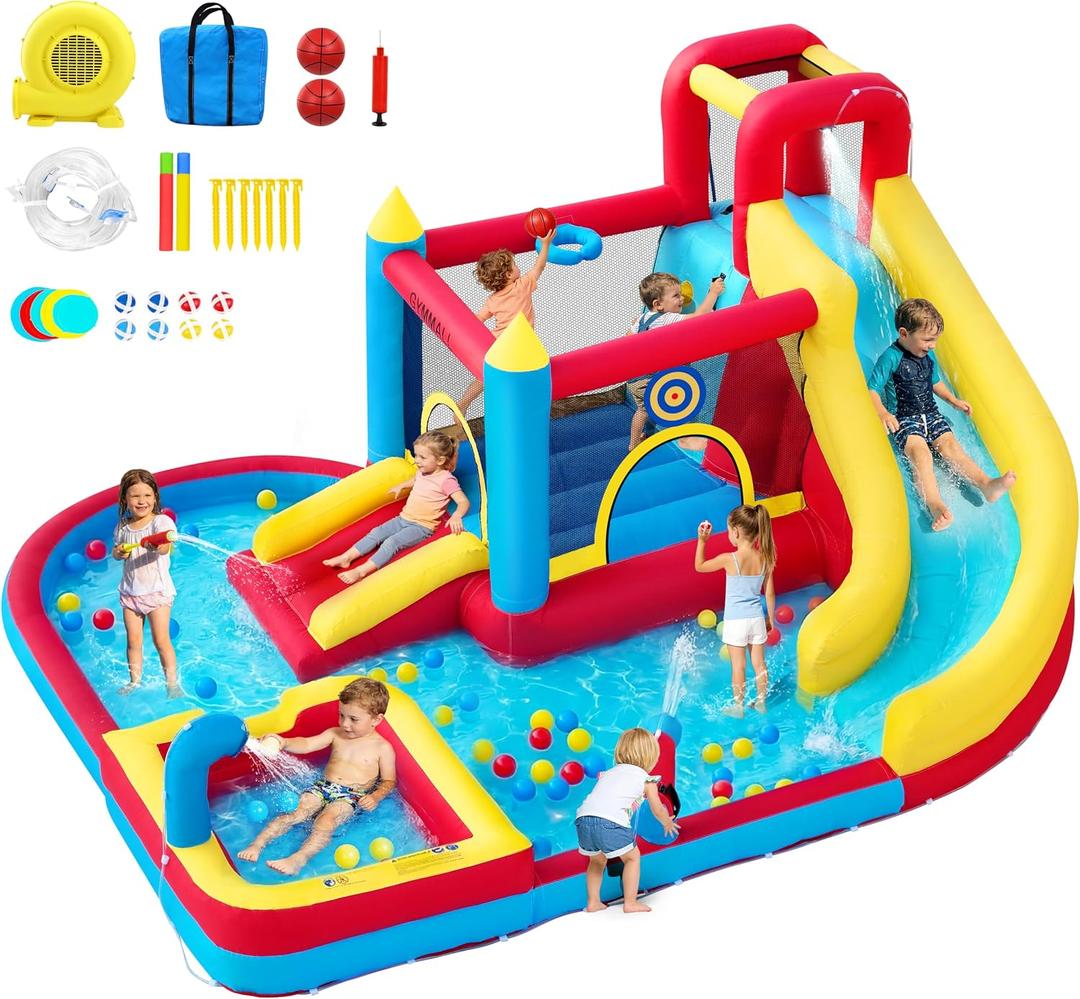 Bounce House with Slide & Blower, Inflatable Water Park Bouncy Castle with Climbing Wall, Ball Pit & Water Cannon for Indoor Outdoor Backyard Play