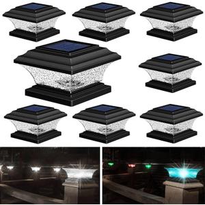HUYIENO Solar Post Cap Lights Outdoor LED Lighting Deck Fence Light Two Modes Warm White/7 RGB Color Changing Suitable for 4x4 5x5 Wooden Posts (Black, 8pk), HY1238