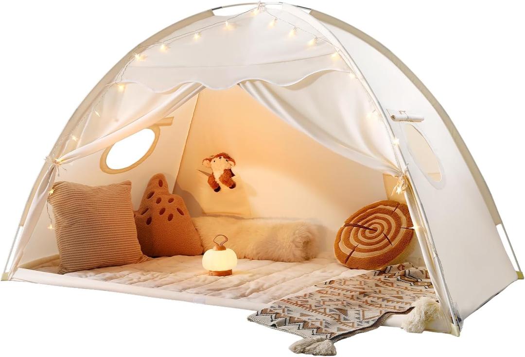 Tiny Land Twin Bed Tent for Kids, Breathable Bed Canopy Tent for Girls & Boys, Neutral Cream Play Tent, Easy Setup Washable Sleep Space, Cozy Dream Playhouse Gift, 77" x 40" x 46"