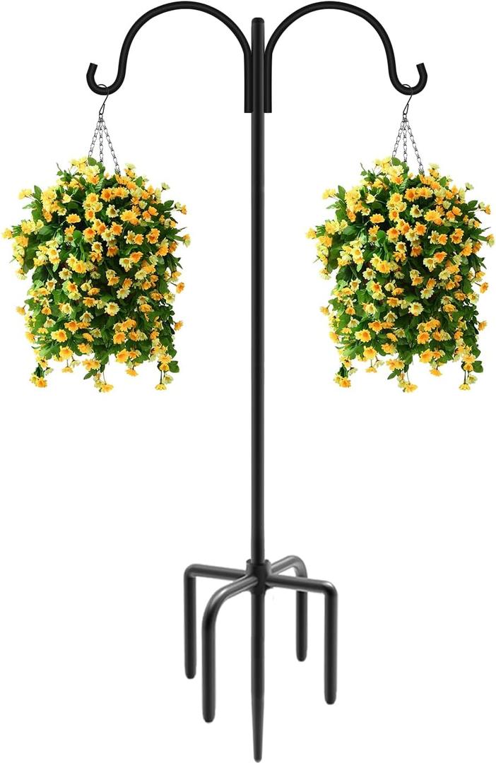Artibear Double Shepherd Hooks for Outdoor, 92" Heavy Duty Bird Feeder Hangers Garden Hooks with 5-Prong Base, Outside Hanging Pole for Plant Baskets, Solar Light Lanterns, Wind Chimes, 1 Pack