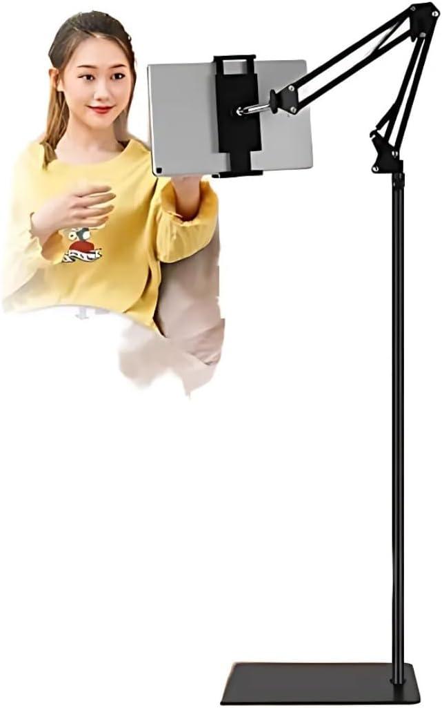 Tablet Floor Stand - Overhead Bed Phone Mount Arm Stretchable Stand Angle Height Adjustable Holder Universal Floor Stand Compatible with iPad mini Air Pro, Galaxy Tab, Kindle, Switch, iPhone, Black