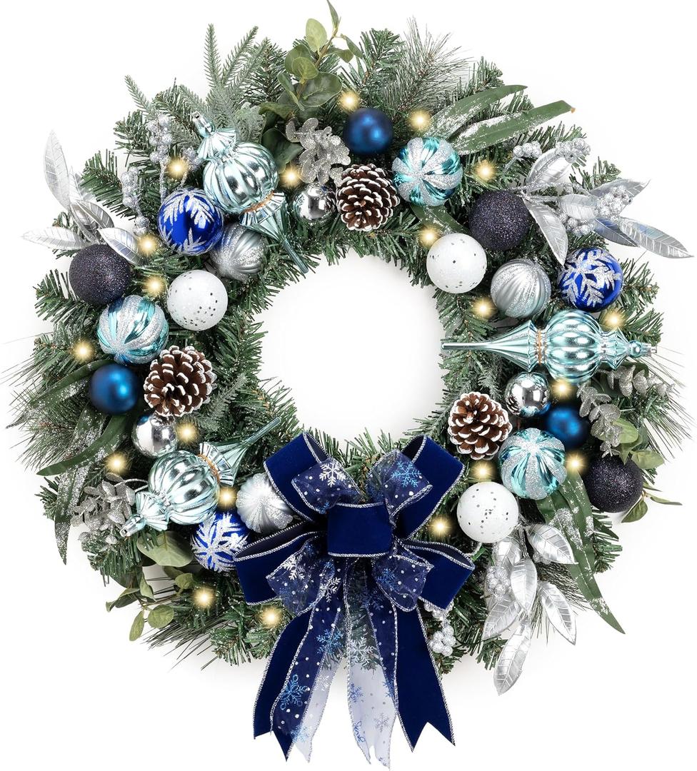 Valery Madelyn 24'' Pre-Lit Christmas Wreath for Front Door with Light, Collapsible Lighted Outdoor Christmas Wreath with Silvery Blue Xmas Balls Ribbons for Home Porch Fireplace Window Holiday Decor