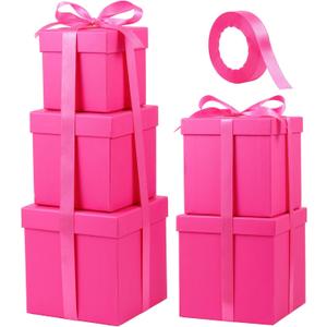 Cholemy 5 Pcs Square Nesting Boxes Decorative Gift Boxes with Lid and Ribbon Assorted Sizes Wrap for Valentines Day, Engagement, Anniversary, Birthday, Bridal Shower Party Gifts(Hot Pink)