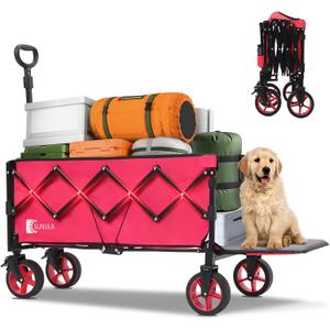 Collapsible Wagon Cart 226.8L - Extra Long Foldable Utility Wagon with Tailgate, Brakes, Anti-Rebounding Handler & 2 Cup Holders, for Groceries, Camping, Shopping, Garden - Pink