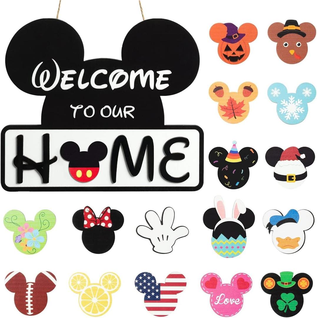 Cute Mouse Interchangeable Seasonal Welcome Door Sign for Front Door Decor, Interchangeable Welcome to Our Home Sign for Farmhouse Wall Porch Decor, Housewarming Gift