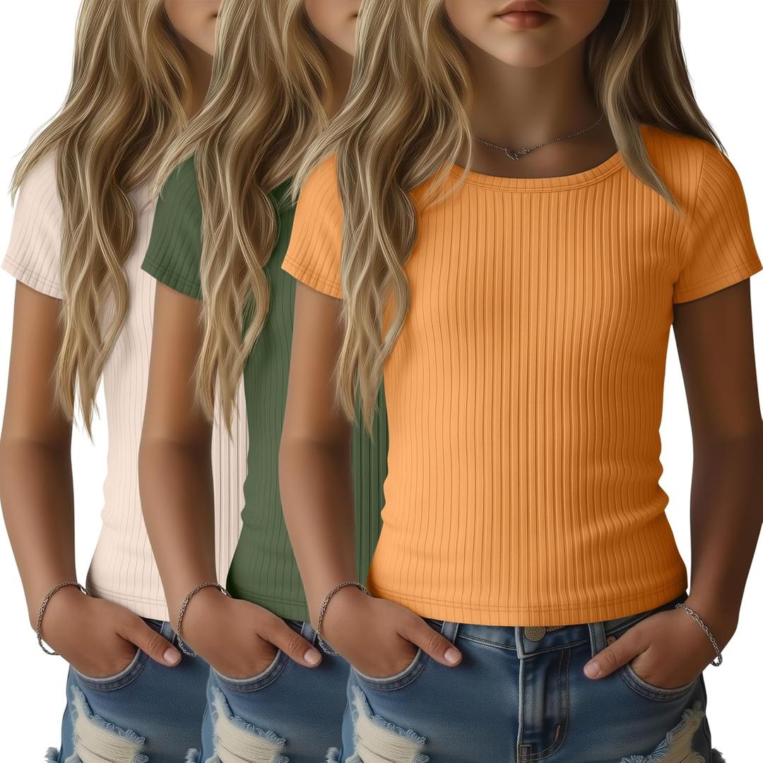 LessonZoo 3 Pack Girls Short Sleeve Shirts Ribbed Knit Cotton Slim Fit T Shirts Basic Boat Neck Tops Casual Summer Tees(Cream, Dark Green, Orange,11-12 Years)
