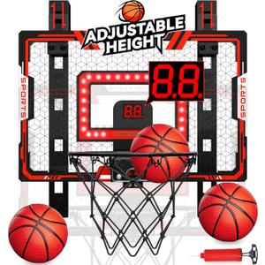 Indoor Basketball Hoop for Kids, Adjustable Height Basketball Hoop Over The Door with LED Light/Scoreboard/3 Balls, Mini Basketball Hoop Easter Birthday Gifts for Boy Girls Ages 4-12+