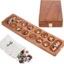 Ajuny Wooden Mancala Board Game Set  Classic Board Games, Portable Folding Travel Mancala Board with Marbles (72+8 Stones), Ideal Family Wooden Games for Adults & Kids (9.5 Inch, Brown)