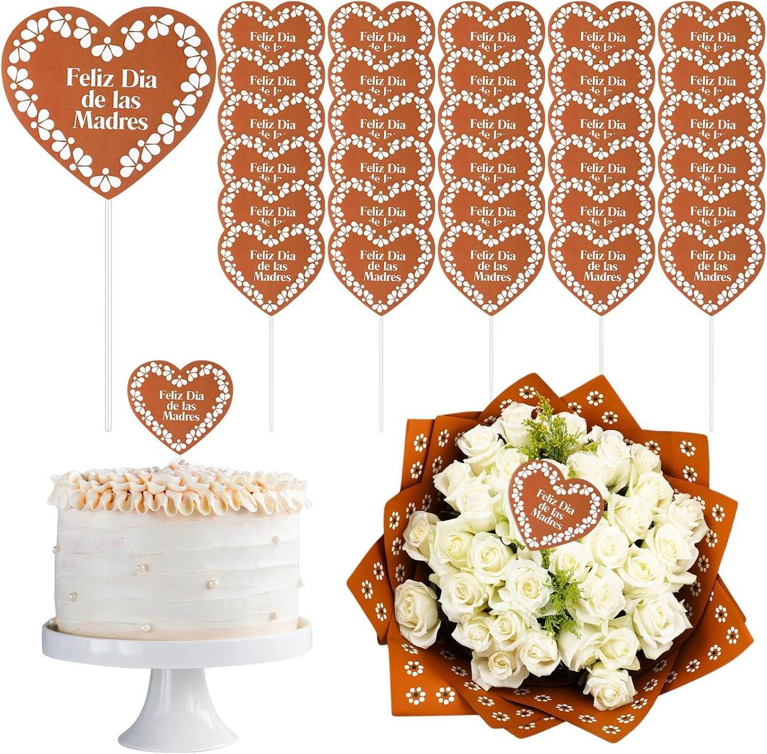 Weysat 30 Pcs Mother's Day Cake Toppers Feliz Da De Las Madres Flower Bouquet Topper Cupcake Picks Mexican Happy Mothers Day Cake Decorations Fiesta Party Supplies for Mama Birthday