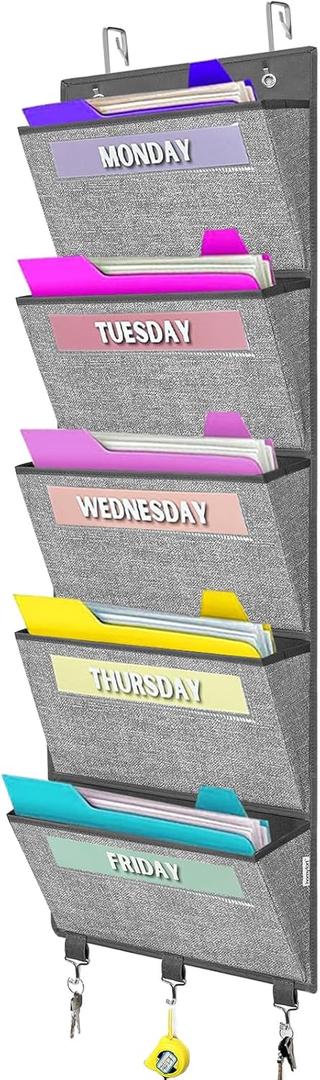 homyfort Over the Door hanging File Organizer, Weekly Hanging File Folders, Wall Organizers and Storage for Mail, Magazine, Notebooks, Office, Classroom, 5 Large Pockets, 50.39 Tall, Grey (Grey with Weekday)