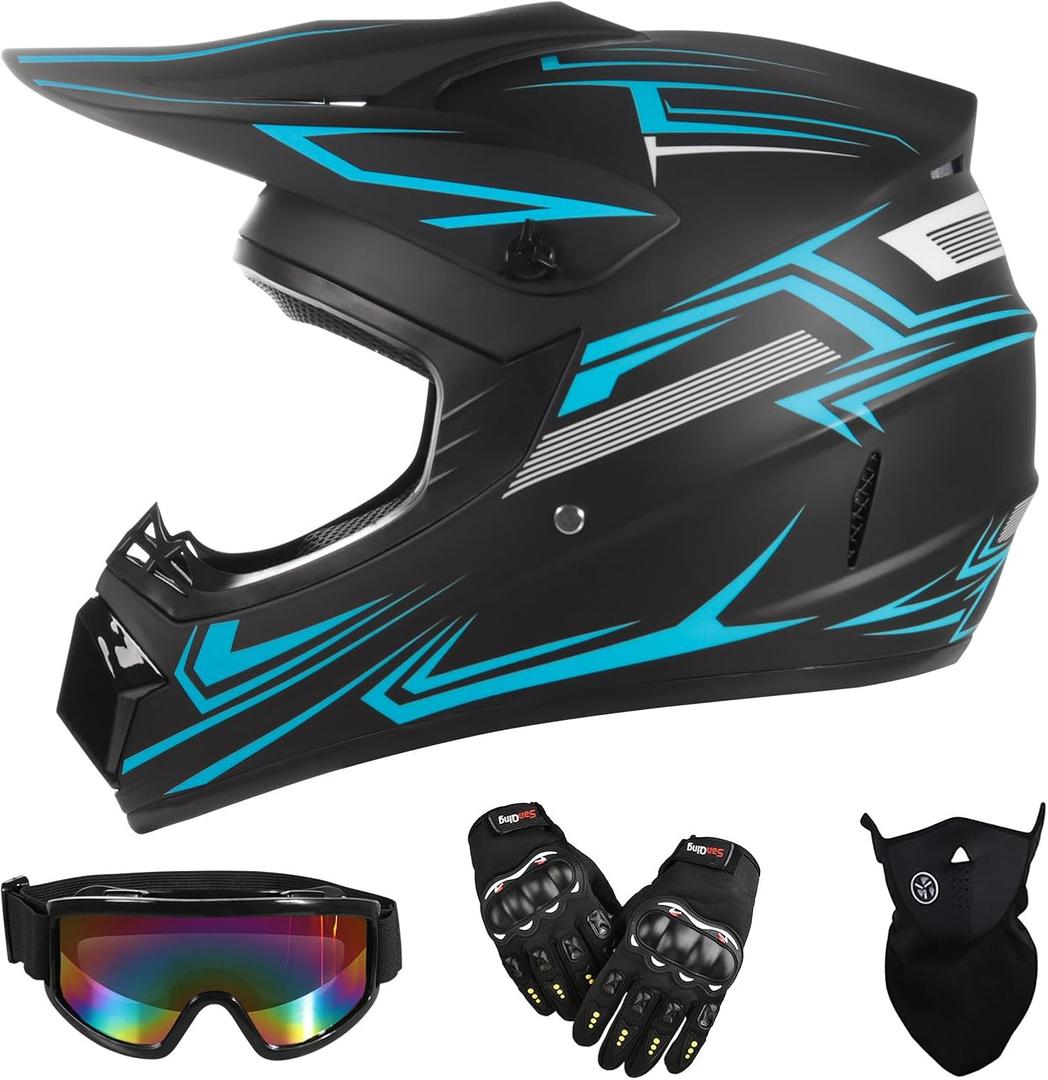 TIANDU Adult Dirt Bike Motocross Helmets (Goggles Gloves Face Mask) 4PCS Set, Men Women Full Face Motorcycle Helmet Mountain Bike Off Road Helmets, DOT Approved ATV Helmet