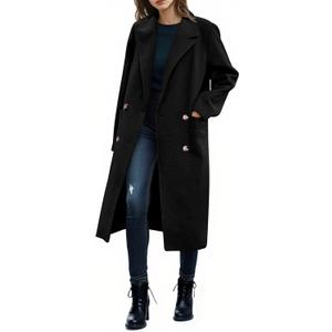 Saodimallsu Womens Winter Double Breasted Pea Coats Long Trench Coat Casual Work Office Overcoat with Pocket (Black, XL)
