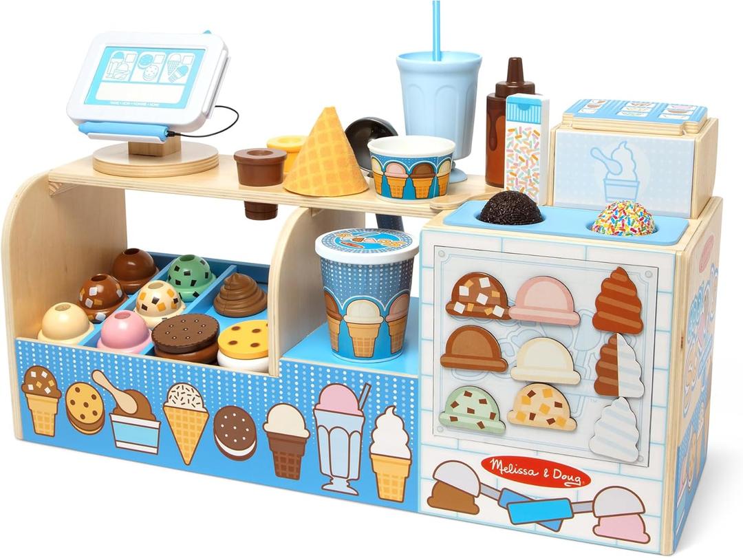 Melissa & Doug Cool Scoops Ice Creamery, Wooden Ice Cream Shop & Counter with Play Food & Play Kitchen Accessories, Preschool Learning Toys for Girls & Boys 3+ - FSC Certified