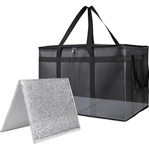 Bodaon 1PK Thermal Insulated Food Delivery Bag with Hard Bottom - 3X-Large Catering Cooler Bag for Hot and Cold Meals - Ideal for Commercial Pizza Transport, Grocery, Restaurants, and Events. Black