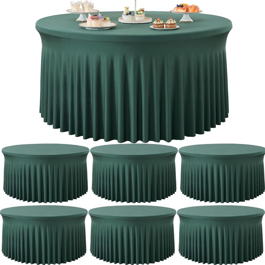 6 Pack Hunter Green Spandex Round Tablecloths for 60 Inch Tables, Stretchy 120 Inch Fitted 5FT Cloths, Wrinkle-Free Cover With Skirt for Wedding, Birthday, Party, Banquet, Graduation