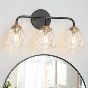 Vintage 3 Light Vanity Light, Black and Gold Bathroom Vanity Light, Bathroom Light Fixtures with Glass Shade, Antique Vanity Light Fixtures Over Mirror, Wall Sconce for Bedroom, Living Room (18.1in)