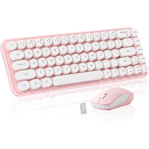 i68 Wireless Typewriter Keyboard and Mouse Combo,Pink Keyboard with 2.4GHz Connection, Cute Retro Aesthetic Design Round Keycaps for Tablet, Phone, PC and Win/Mac/Android (Pink)