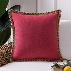 Phantoscope Farmhouse Solid Throw Decorative Pillow Cover Christmas Burlap Linen Pillow Cover Trimmed Tailored Edges Outdoor Pillow Red 18 x 18 inches, 45 x 45 cm