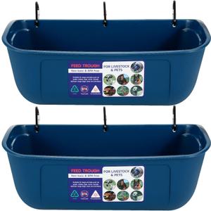 Goovilla Large Feed Trough, Hanging or Screw-in Fence Feeder with Clips, 2 Pack 9 Quart Goat Feeding Supplies, Dog Horse Hog Pig Livestock Poultry Plastic Feeder Trough Bucket for Large Animal, Blue