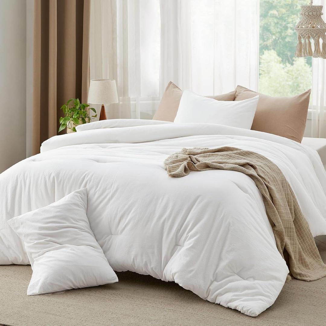 Bedsure Comforter Set King Size - Cotton Fabric with Microfiber Inner Fill, White Soft Bed Set for All Seasons, 3 Pieces, 1 Comforter (104" x 90") and 2 Pillow Cases (20" x 36")