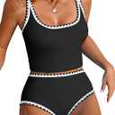 ZAFUL Tankini Swimsuit Tummy Control Bathing Suits Two Piece Swim Top with High Waisted Bottom (Black, XL)