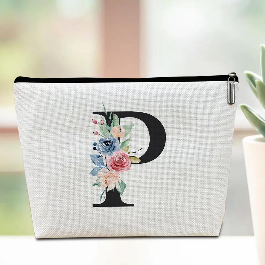 Initial Makeup Bag, Bridesmaid Gifts Travel Pouch, Personalized Gifts Lined Cosmetic Bag Toiletry Bag, Bridal Shower Monogrammed Gifts for Women Girls Sisters Boss Makeup Pouch, Letter P (LCS Multicolor 0443)