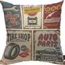HOSNYE Vintage Car Service Cotton Linen Throw Pillow Case Auto Parts Gas Tire Shop Garage Auto Batteries Pillow Cushion Covers Home Sofa Decorative 18 X 18 Inch (Multi153)