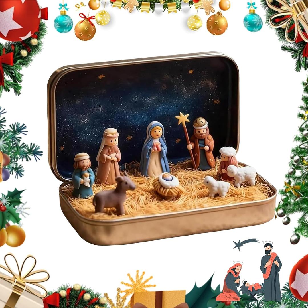 Mini Christmas Nativity Set in a Tin Box  Portable Mini Nativity Set with Resin Nativity Sets & Figures, Pocket-Size Holy Family Scene for Home Dcor or Travel (1PC)