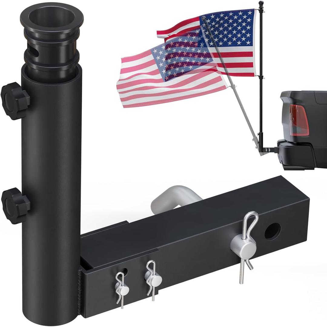 Heavy Duty Truck Flag Pole Holder for 2" Hitch  Adjustable Angle Hitch Mount, Wind Resistant Steel Flagpole Stand for Pickup, Jeep, RV, Camper  Easy Install Black Mount